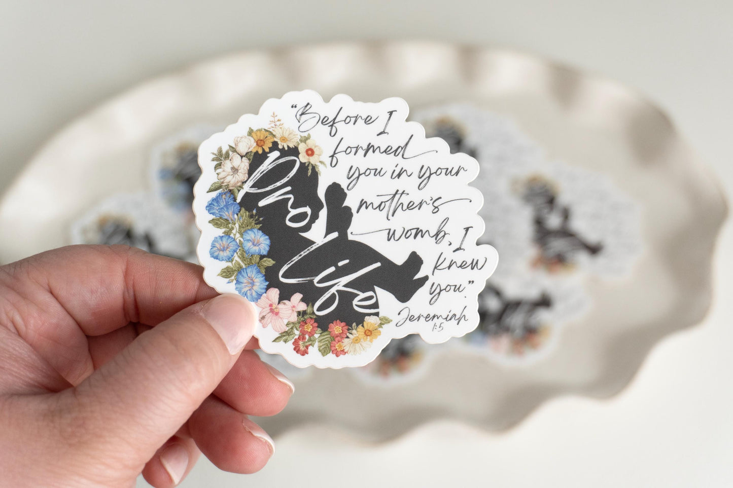 Before I formed you in your mother's womb, I knew you | Jeremiah 1:5 | Catholic Vinyl Sticker | Floral Pro Life Sticker