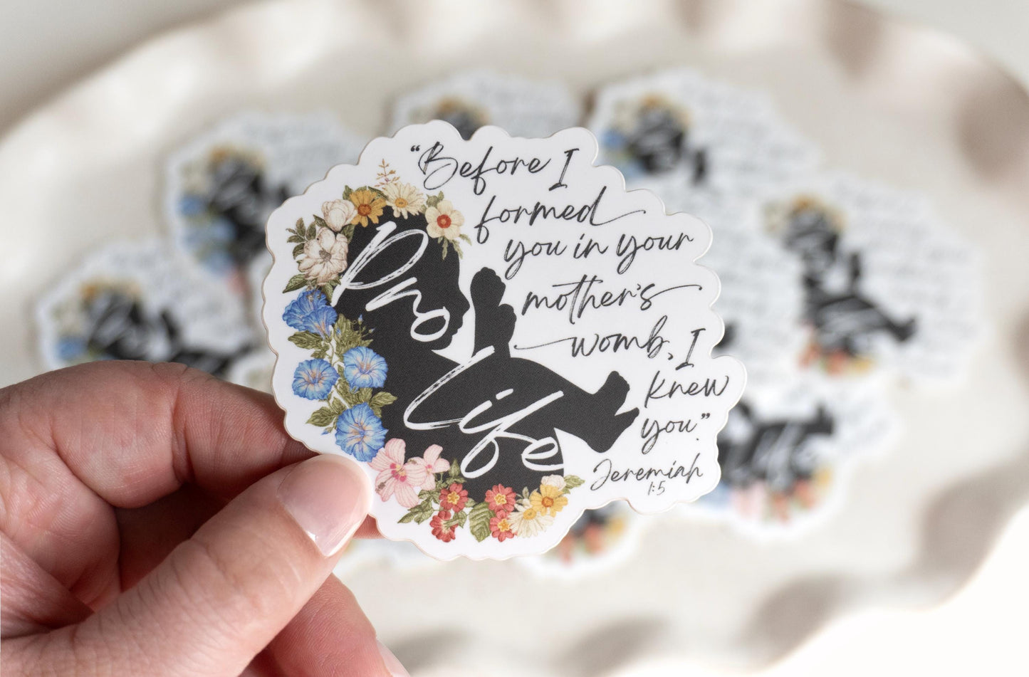 Before I formed you in your mother's womb, I knew you | Jeremiah 1:5 | Catholic Vinyl Sticker | Floral Pro Life Sticker