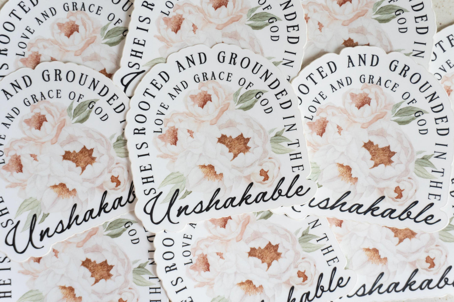 Unshakable she is rooted and grounded in the love and grace of God | Catholic Vinyl Sticker
