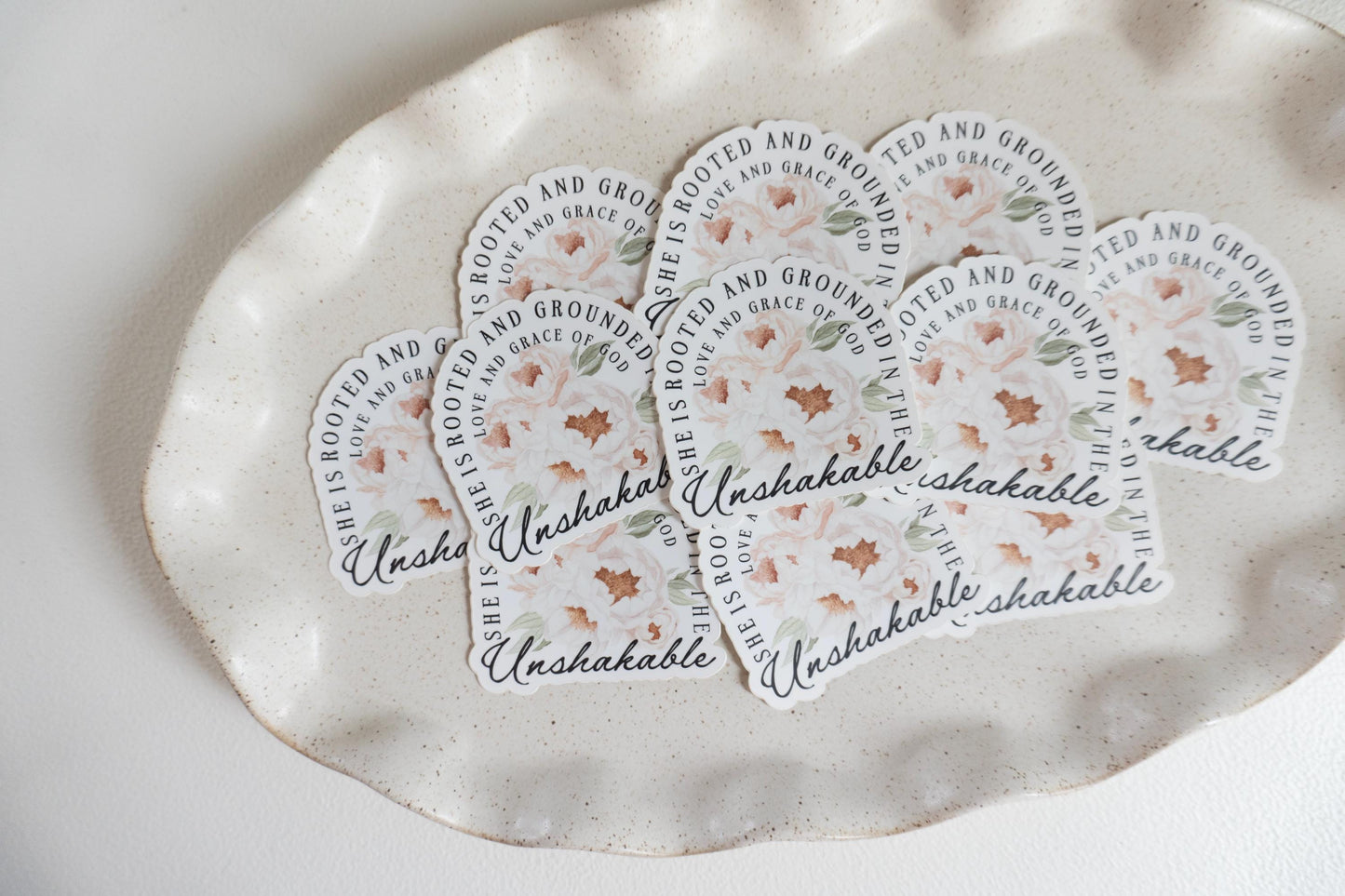 Unshakable she is rooted and grounded in the love and grace of God | Catholic Vinyl Sticker