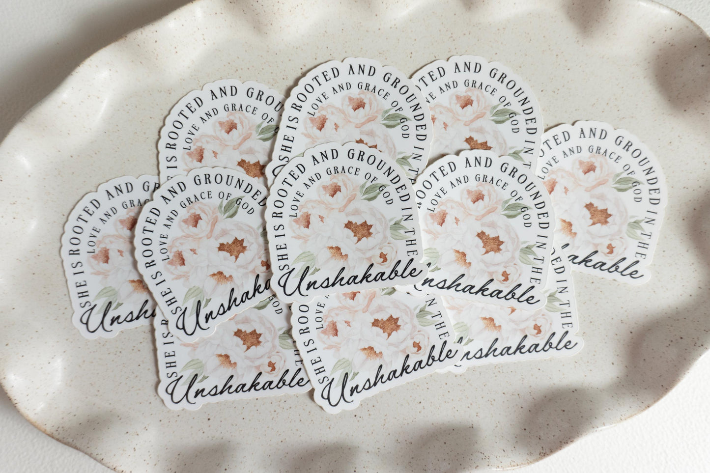 Unshakable she is rooted and grounded in the love and grace of God | Catholic Vinyl Sticker