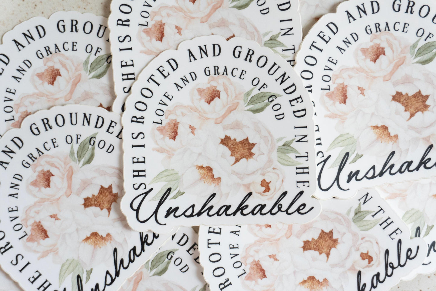 Unshakable she is rooted and grounded in the love and grace of God | Catholic Vinyl Sticker